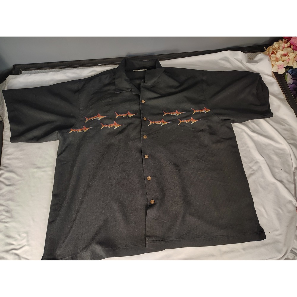 Hook & Tackle Mens 2XL Black Embroidered Marlin Camp Shirt Rayon Blend M01131